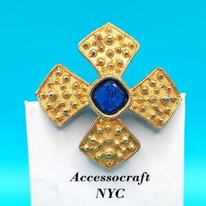 Vintage Accessocraft NYC Maltese Cross Brooch, Brutalist Blue Glass, 2” Signed